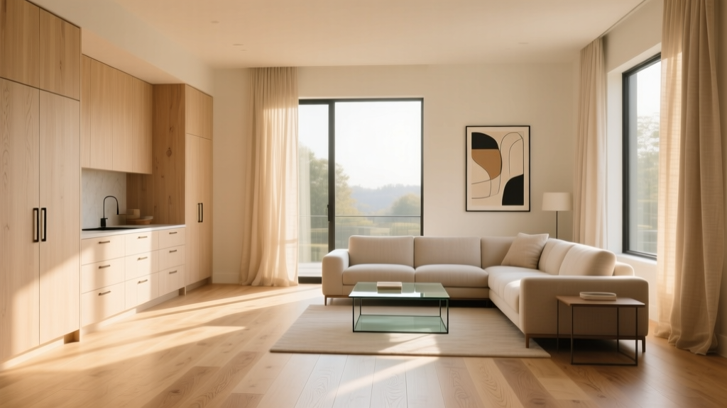 Sunlit modern living room featuring wide-plank white oak flooring and light ash cabinetry, highlighting natural wood grain and minimalist design