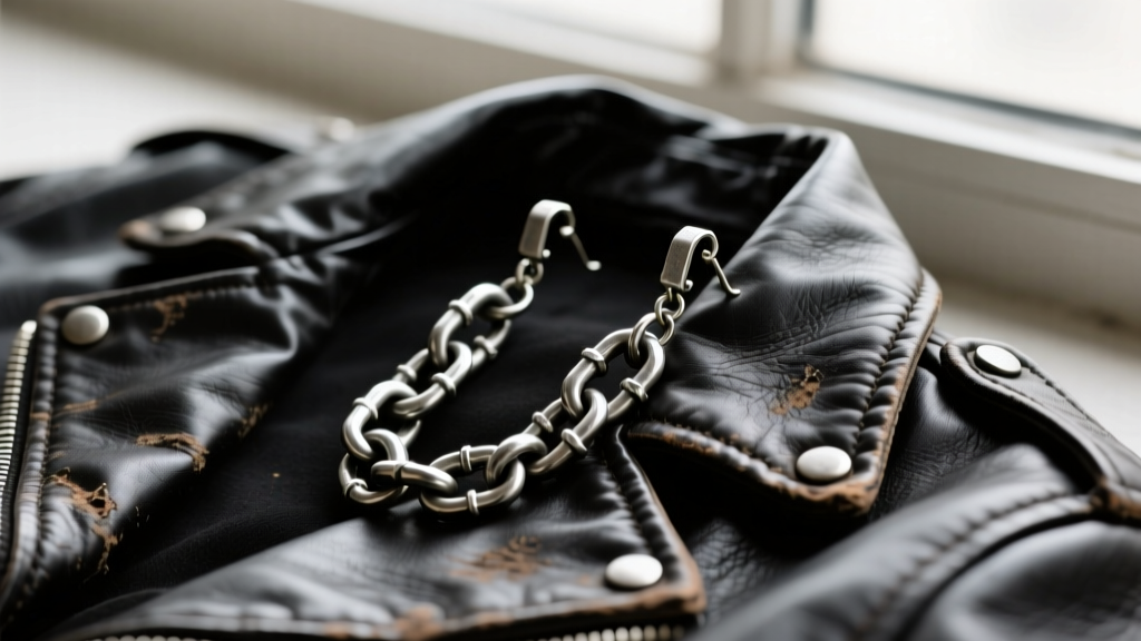 Heavy Diesel chain-drop earrings resting on a worn leather jacket, showcasing the utilitarian hardware and antique silver finish.