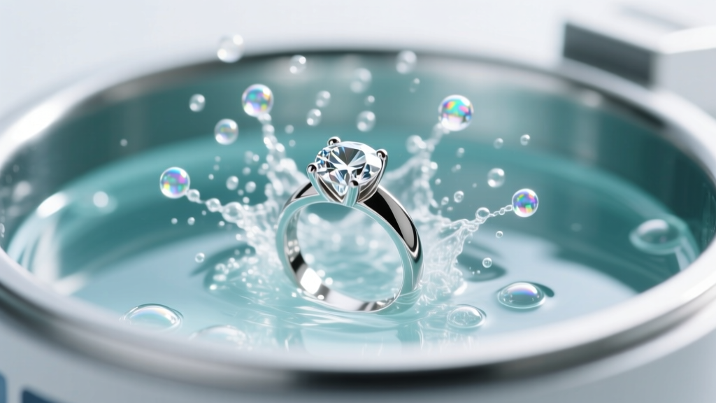 Close-up of an ultrasonic cleaner tank showing cavitation bubbles around a submerged platinum diamond ring in clear water.
