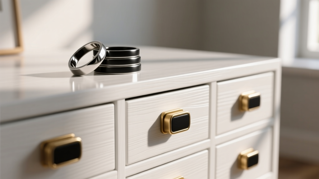 Macro shot of matte black brass pulls on white wooden mini-drawers, with stacked silver rings resting on the smooth top surface.