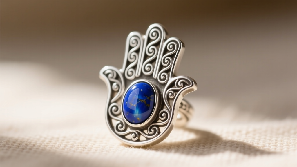 Macro shot of a sterling silver hamsa charm with filigree fingers and a lapis lazuli cabochon set in the palm.