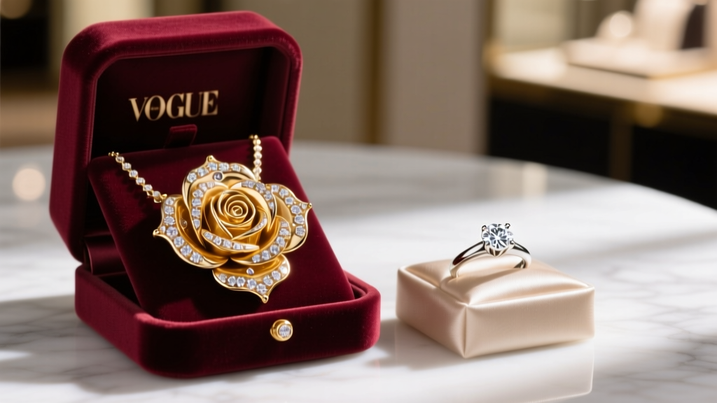 Velvet box displaying a 14k gold enchanted rose necklace with diamond pavé petals, next to a bright diamond engagement ring.