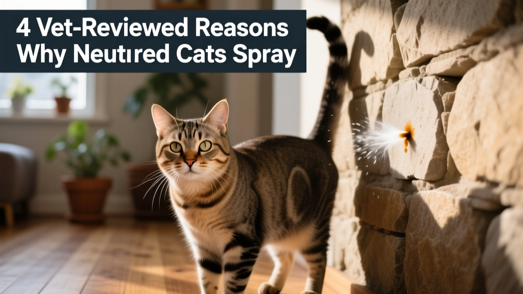 Close-up of a cat standing near a wall, tail upright, mid-spray