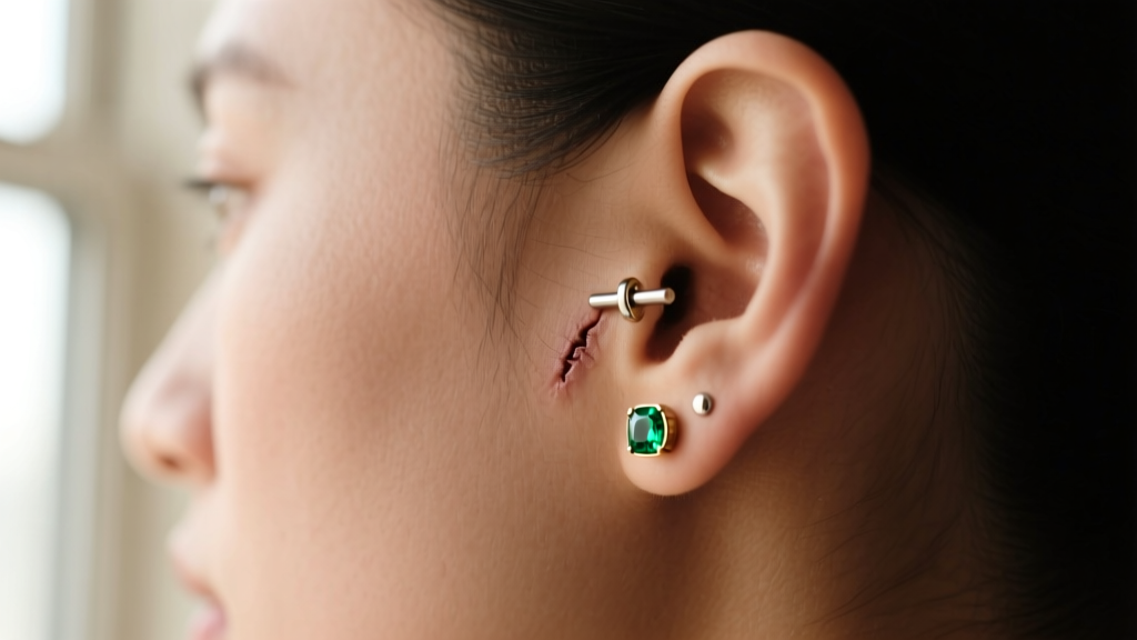 Side profile of a healed cartilage piercing wearing a 16-gauge solid white gold flat-back labret with a small emerald stone.