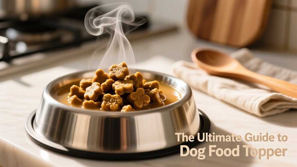A close-up of kibble topped with warm bone broth, steam gently rising, in a stainless-steel dog bowl