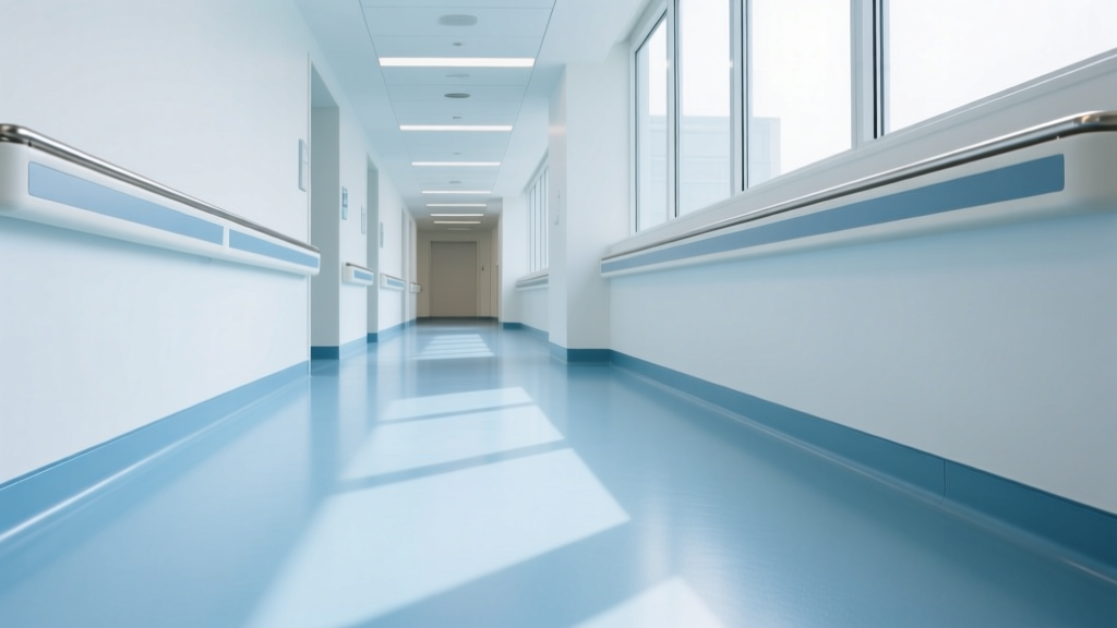 Seamless light blue homogeneous sheet vinyl flooring with heat-welded seams and integrated flash coving in a modern hospital corridor