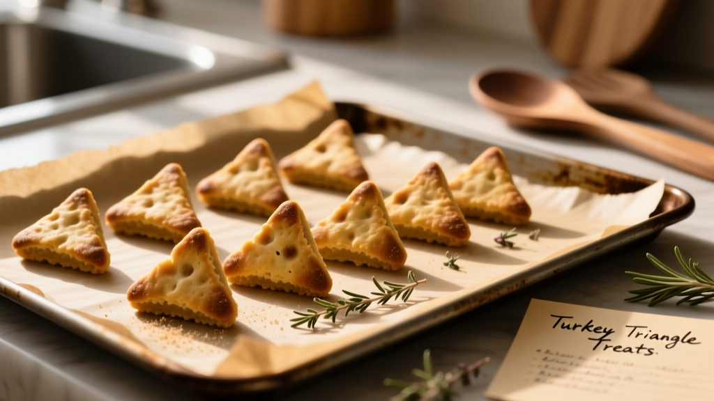 Close-up of golden-brown, triangular cat treats arranged on a parchment-lined baking sheet