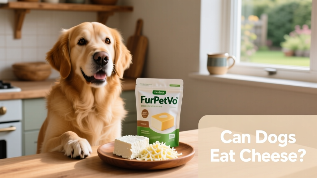 A happy dog sitting beside a small plate with cottage cheese, mozzarella, and a FurPetVo-branded treat bag