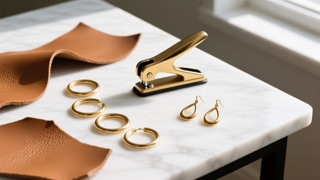 Flat lay of tan leather scraps, brass jump rings, a hollow punch, and finished teardrop earrings on a bright marble desk