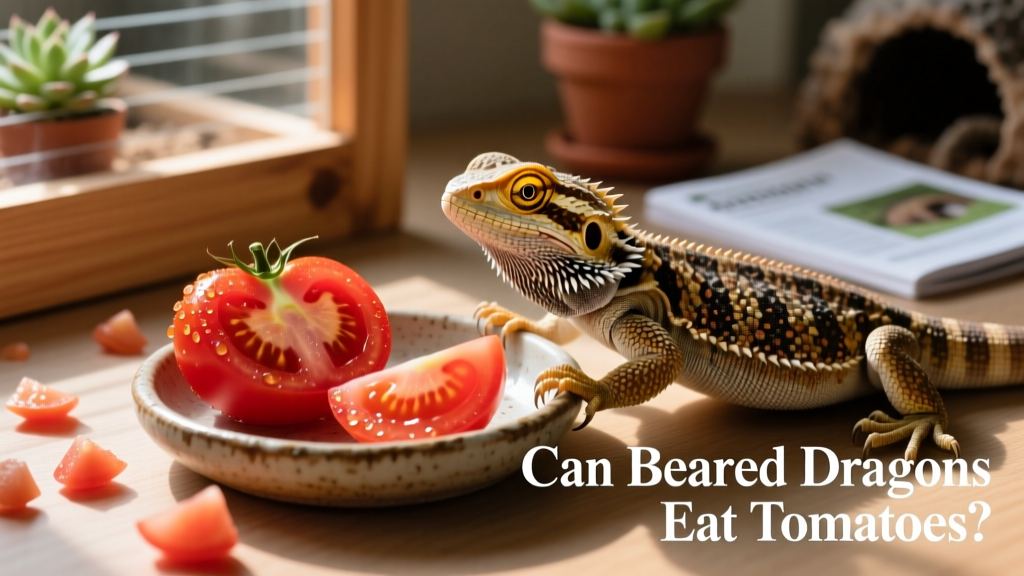 Close-up of a ripe red tomato sliced into small pieces next to a bearded dragon’s feeding dish