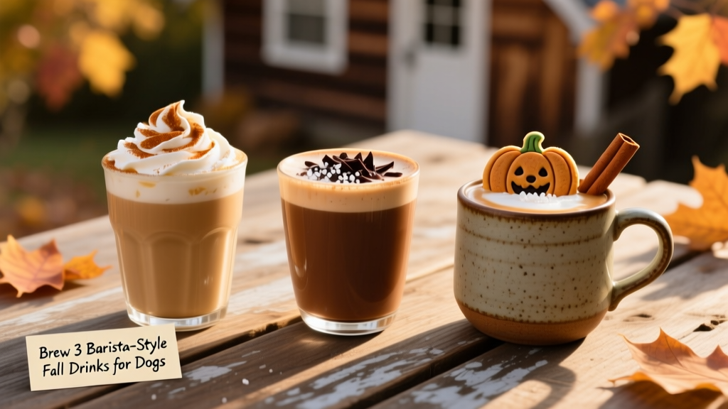 Three dog-safe fall drinks side-by-side on a wooden table: Carrot-Maple Latte, Not-So-Salted Mocha Latte, and Pumpkin Spice Latte, each with appropriate toppings