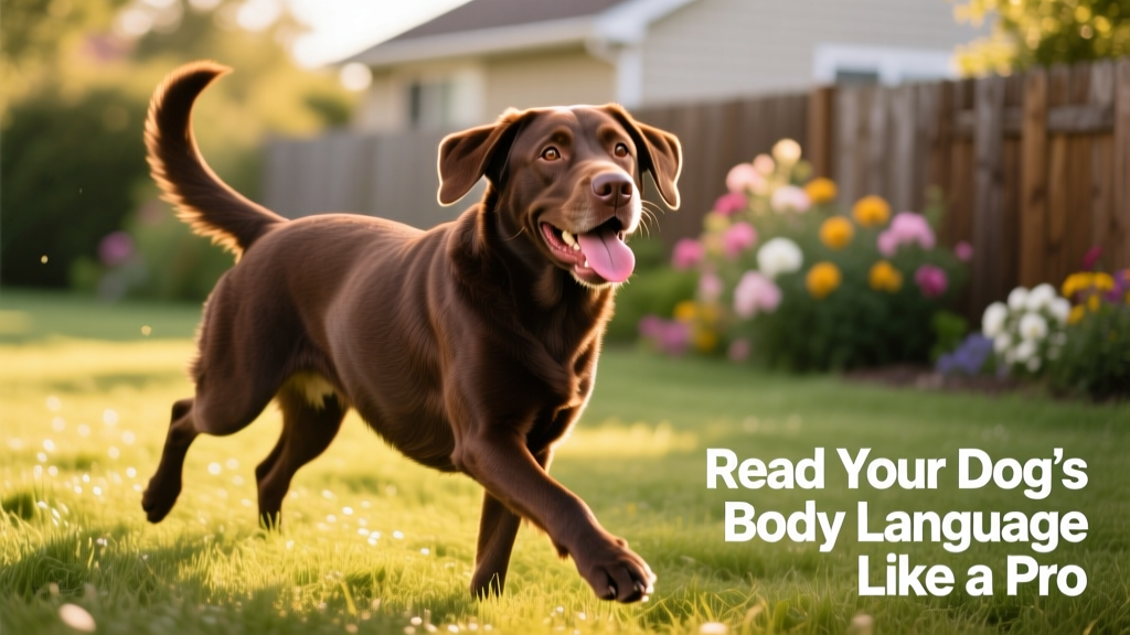 A joyful chocolate Labrador retriever mid-wag, tongue lolling, eyes crinkled with delight