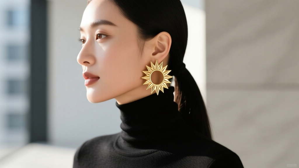 Side profile of a woman with a square jawline wearing medium gold sunburst hoops, styled with a sleek black turtleneck sweater.