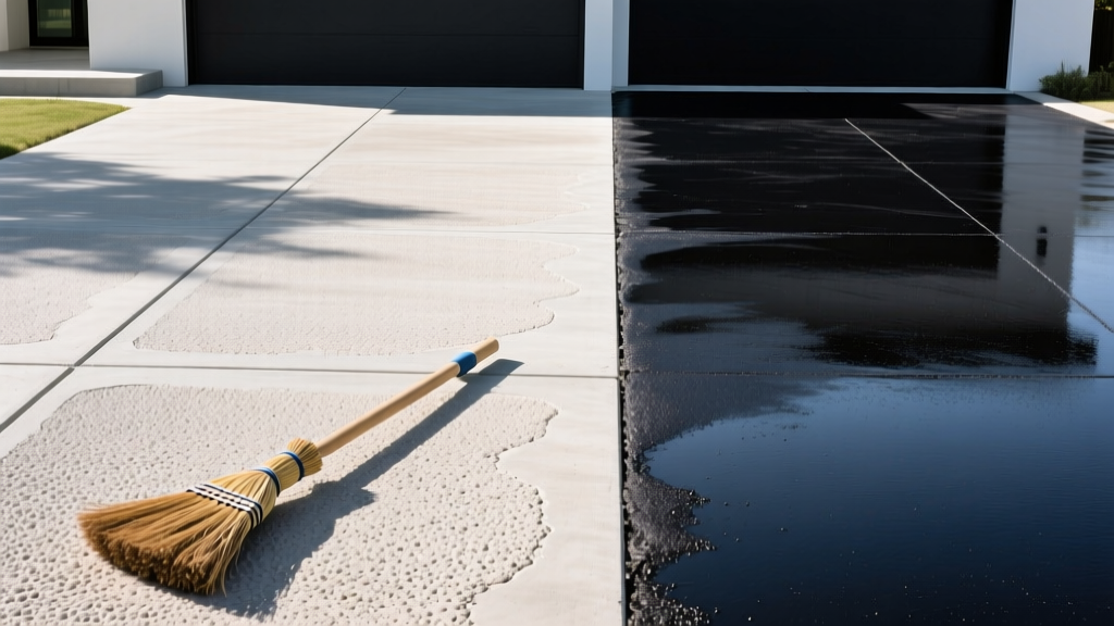 Split-view of a broom-finished concrete driveway next to a fresh dark asphalt driveway, showcasing texture differences in bright daylight