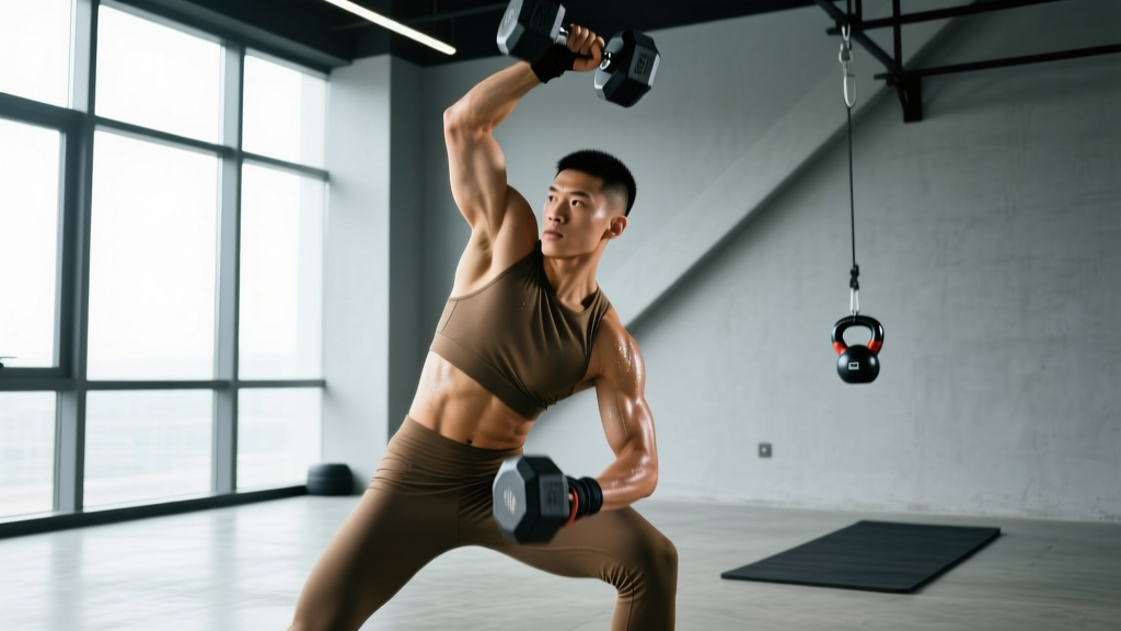 Mixed martial artist performing a unilateral rotational dumbbell flow exercise in a minimalist gym space to build core stability