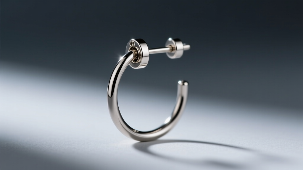 Macro shot of a 16-gauge titanium french wire earring, showing the secure locking clasp against a blurred dark slate background.