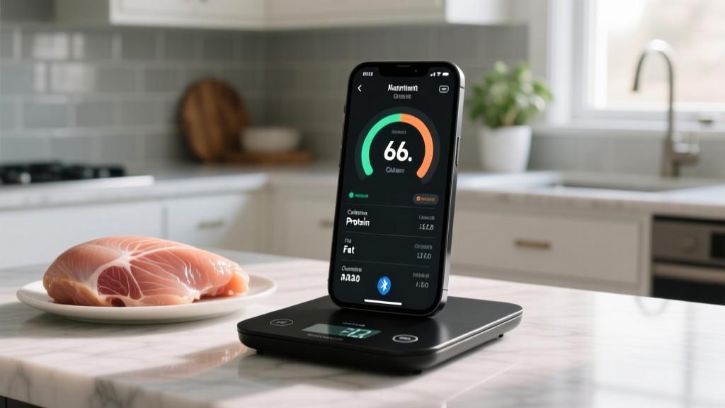 Close-up of a smartphone displaying macro nutrient data synced via Bluetooth from a sleek black digital food scale weighing chicken breast