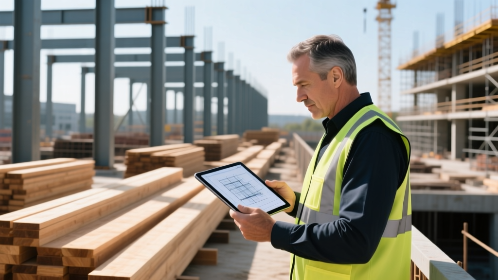 Construction foreman reviewing digital material manifests on a tablet near stacked lumber and steel beams at a commercial site