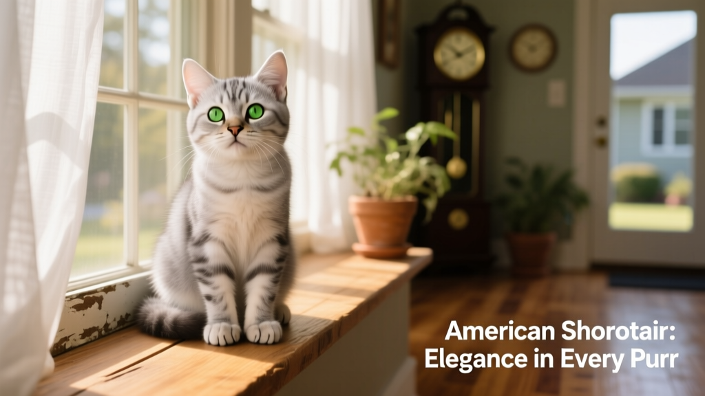 American Shorthair kitten sitting calmly on a wooden windowsill with soft natural light