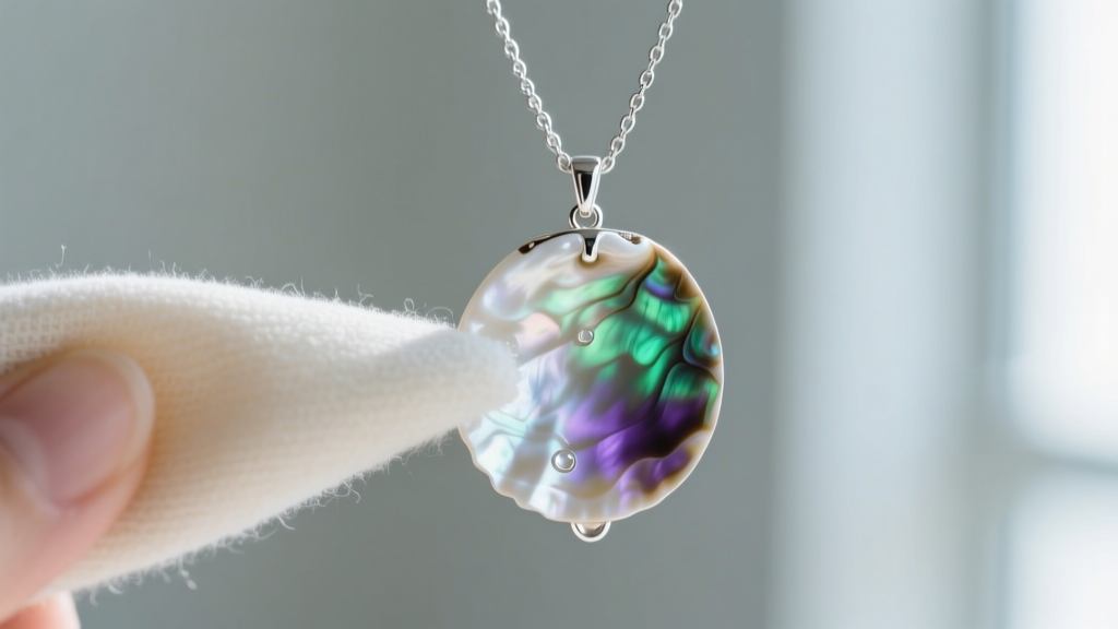 Microfiber cloth gently dabbing a wet, iridescent mother-of-pearl shell pendant attached to a delicate sterling silver chain