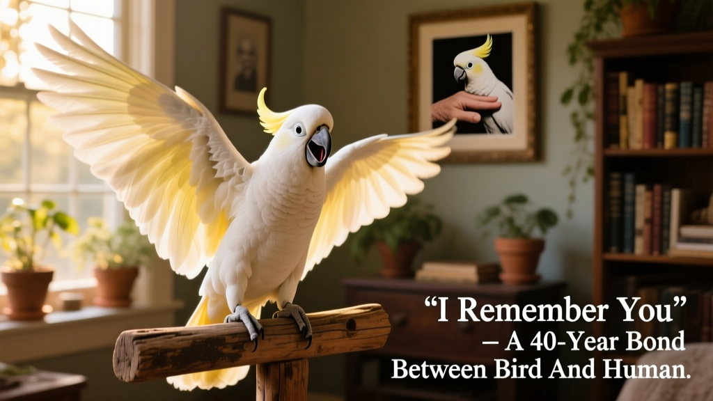 Excited white cockatoo with wings outstretched and beak open, showing joyful expression