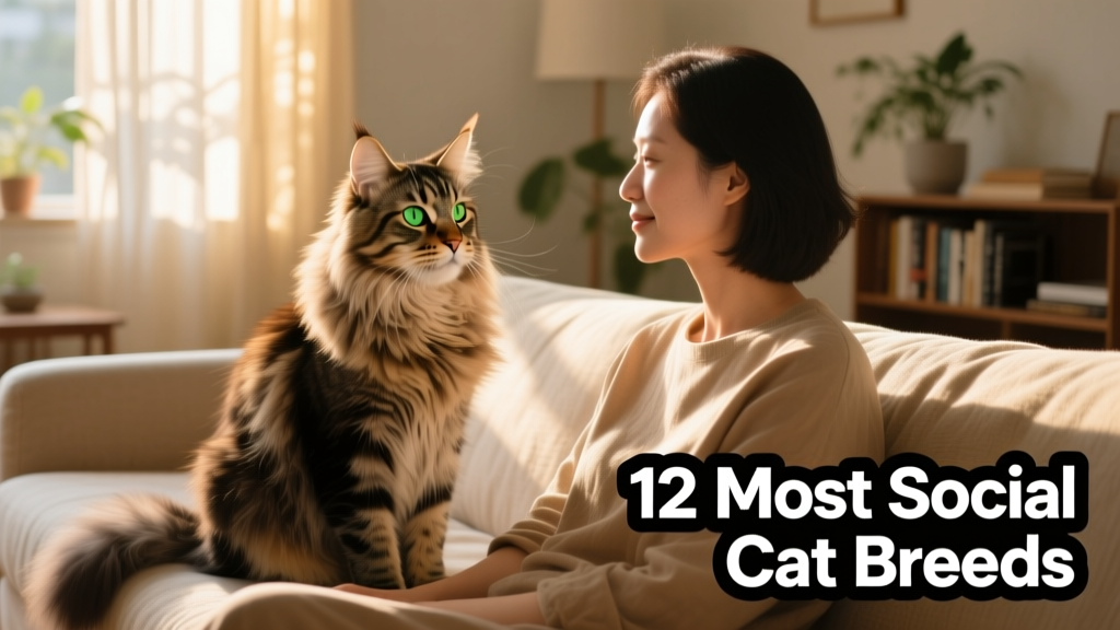A Maine Coon cat sitting calmly beside its owner on a sunlit couch, both looking relaxed and connected