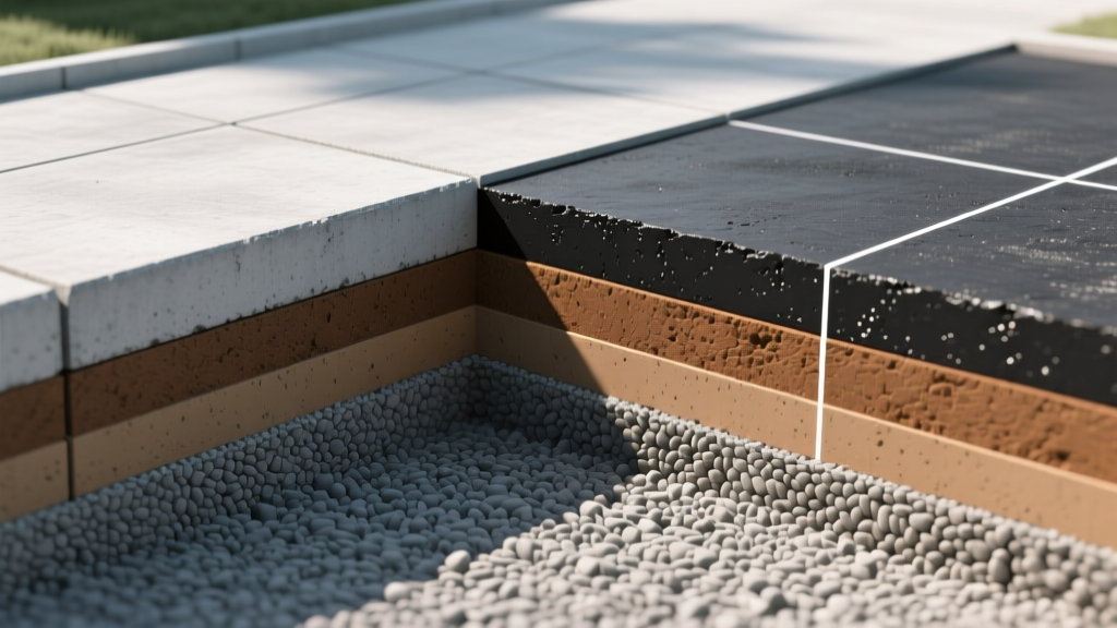 Cross-section diagram comparing a reinforced concrete driveway slab with a hot mix asphalt pavement profile over an aggregate base