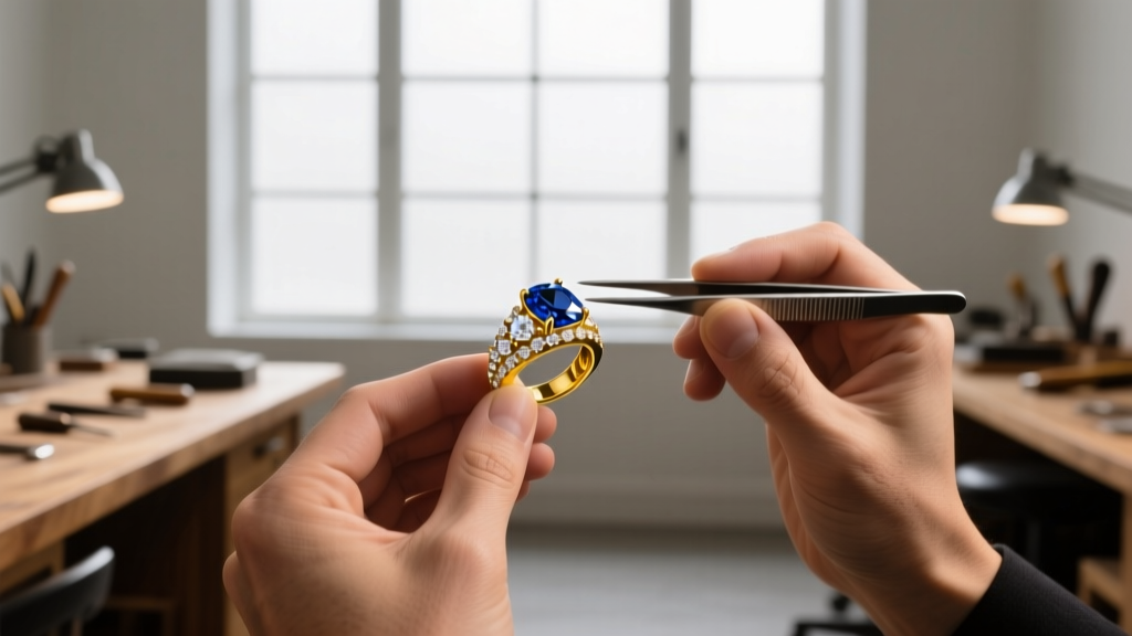 Jeweler's bench with unique Star of David necklace prototypes in 14k gold and platinum beside digital calipers and a loupe.