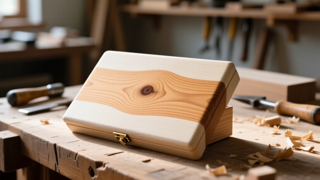 Close-up of raw, unsanded maple wood grain on a handcrafted jewelry box lid, resting on a workbench with soft natural lighting.