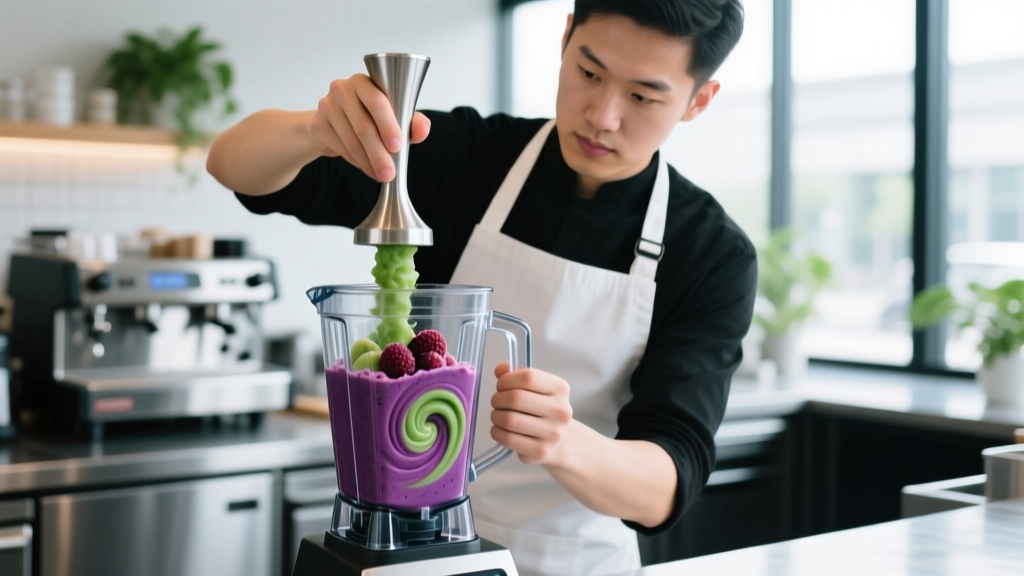 Barista using a Vitamix tamper to push frozen fruit into the hammermill blades to prevent cavitation during a thick smoothie blend
