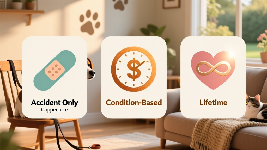 An illustrated comparison chart showing three policy types side-by-side: Accident Only (simple icon of a bandage), Condition-Based (icon of a clock and dollar sign), and Lifetime (icon of a heart with infinity symbol)