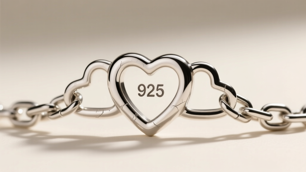 Macro shot of a sterling silver 3 heart necklace clasp and chain links, highlighting the 925 hallmark stamp on the metal