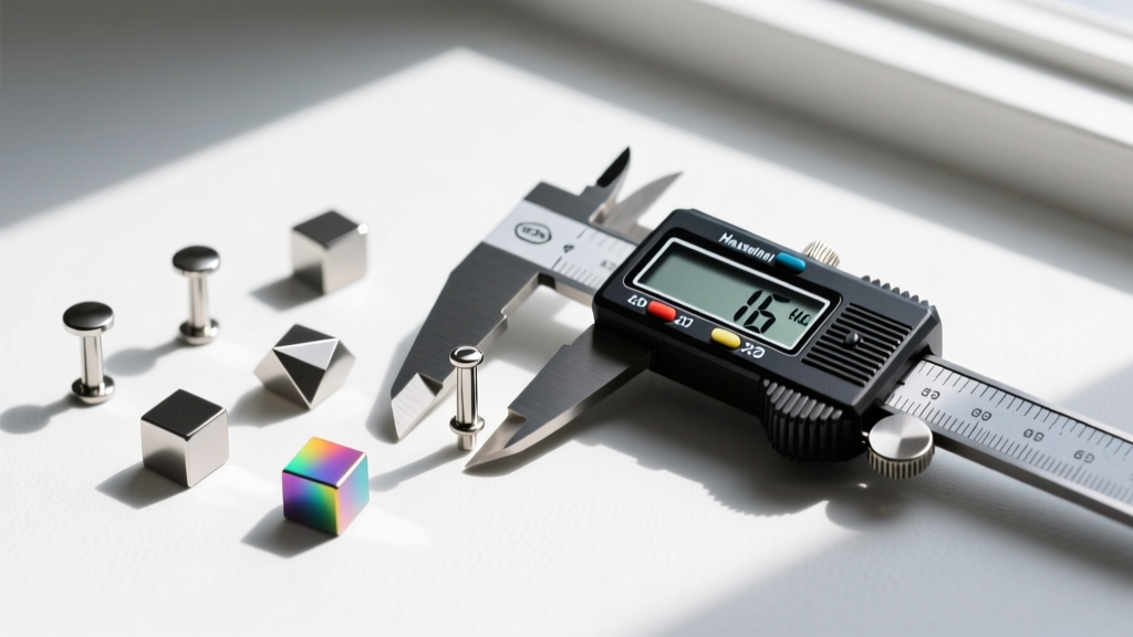 Flat lay of titanium and niobium studs next to a digital caliper measuring a 16-gauge post in bright natural light.