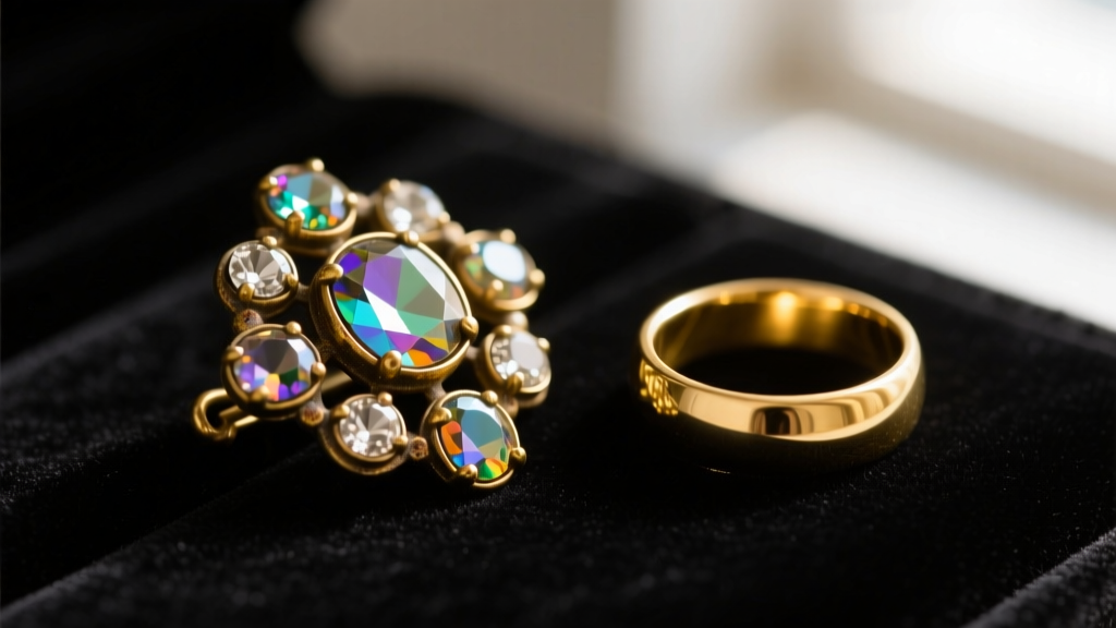 Macro shot of a tarnished brass vintage brooch with glass rhinestones resting beside a pristine solid gold ring on dark velvet.