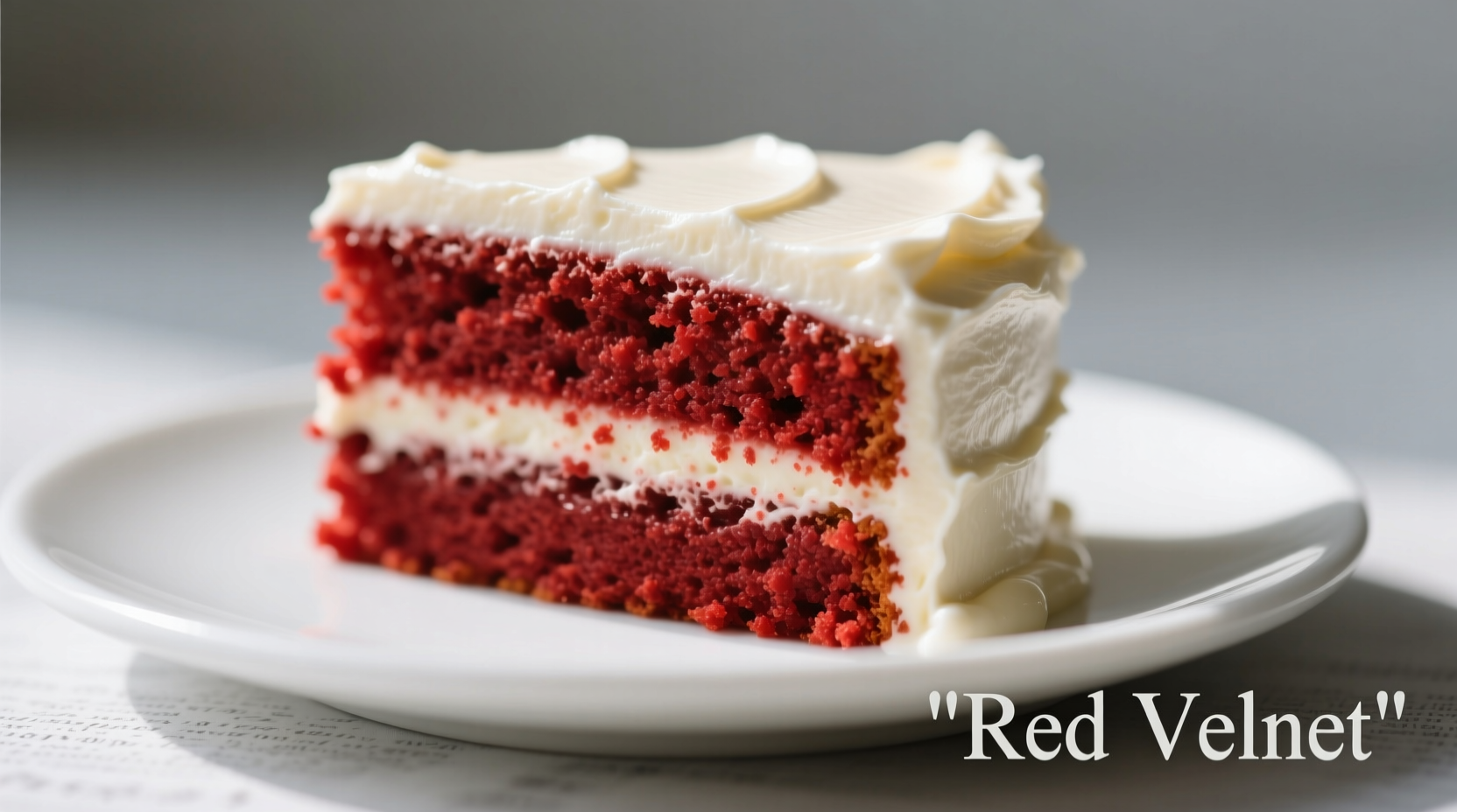Slice of red velvet cake showing fine crumb structure and cream cheese frosting