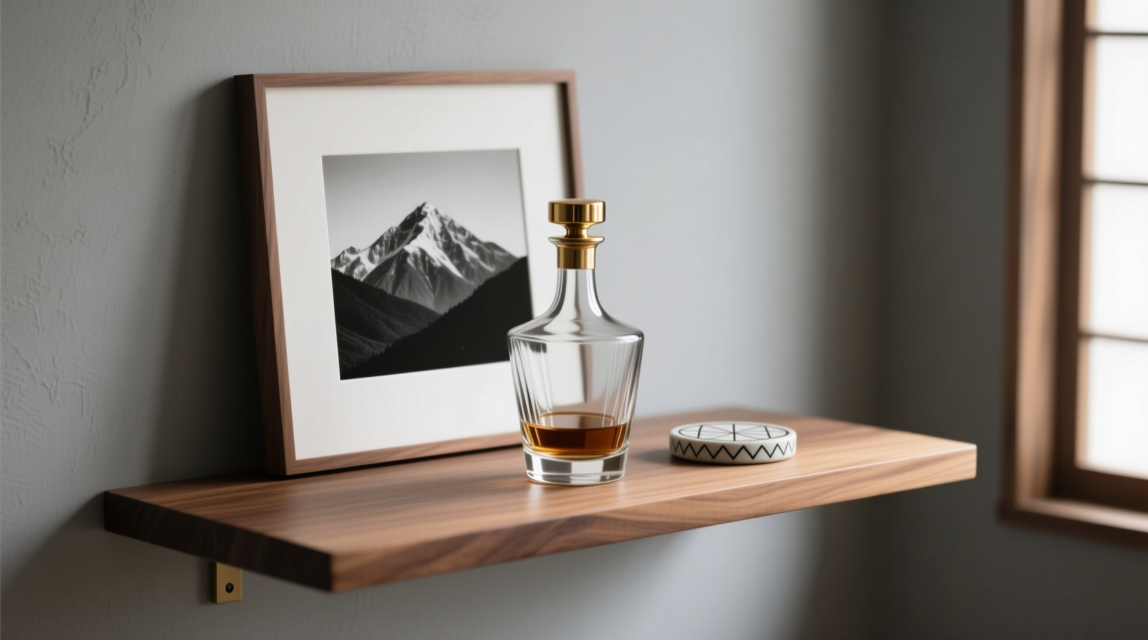 how to style a whiskey decanter on a minimalist shelf without looking dated