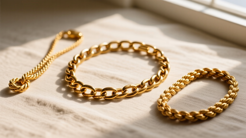 Flat lay of three vintage gold chains including a 14k Albert link, a 9k rope chain, and an 18k wheat chain on neutral linen.