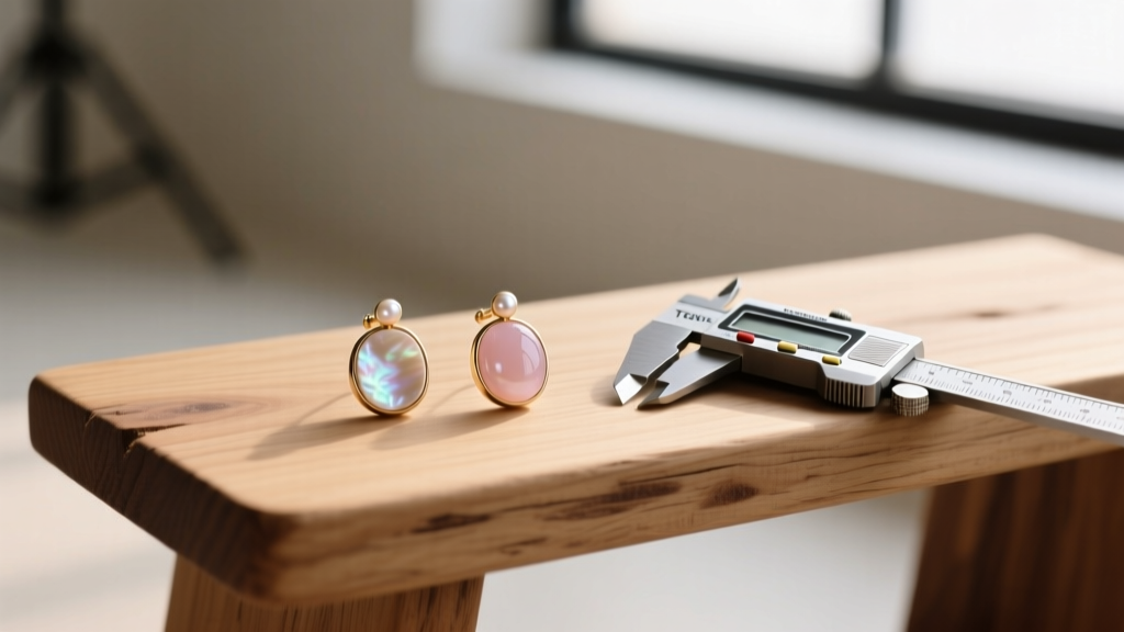 Flat lay of TOUS mother-of-pearl and rose quartz earrings beside digital calipers on a wooden bench under soft, warm lighting.