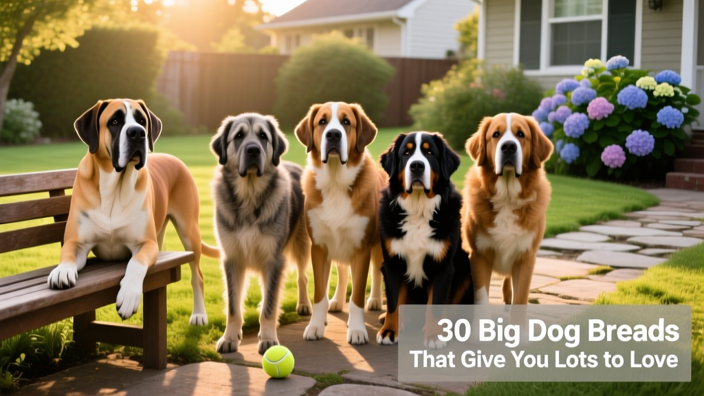 A diverse group of large dog breeds standing together outdoors