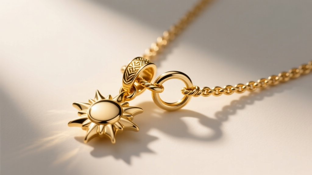 Detailed view of a sturdy 14k gold lobster clasp and soldered jump ring attached to a 1.2mm rope chain on a premium sun pendant.