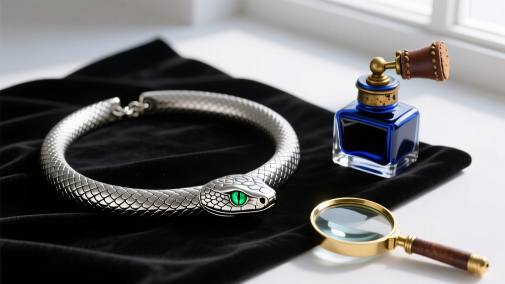 Flat lay of a tattoo-inspired silver serpent choker with tiny tsavorite eyes on black velvet next to a vintage ink bottle and jewelry loupe