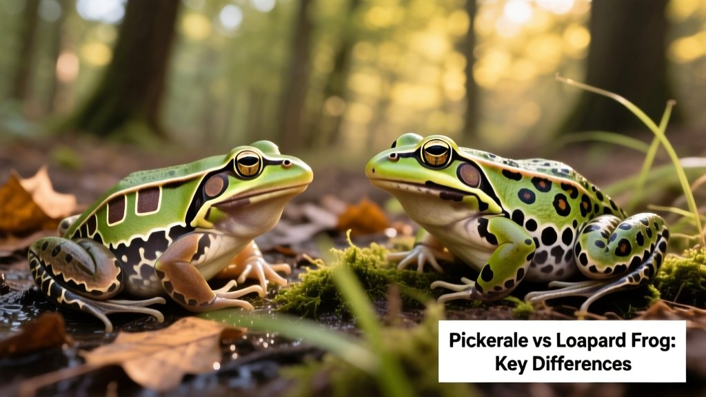 Side-by-side comparison showing a Pickerel frog with rectangular dorsal blotches and a Leopard frog with rounded, leopard-like spots