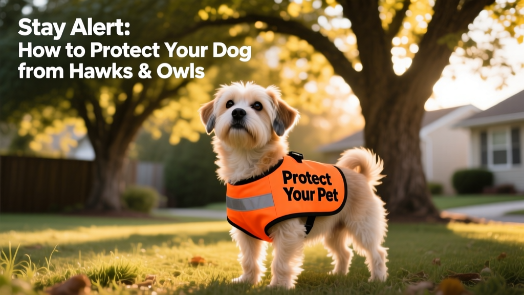 A small dog wearing a brightly colored vest, standing safely in a backyard with trees visible in the background