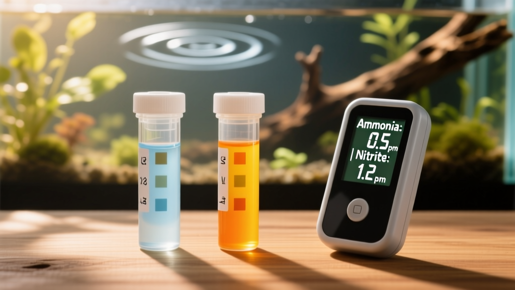 Side-by-side comparison: test kit vials showing low ammonia/nitrite readings vs. high readings, with a digital aquarium tester nearby