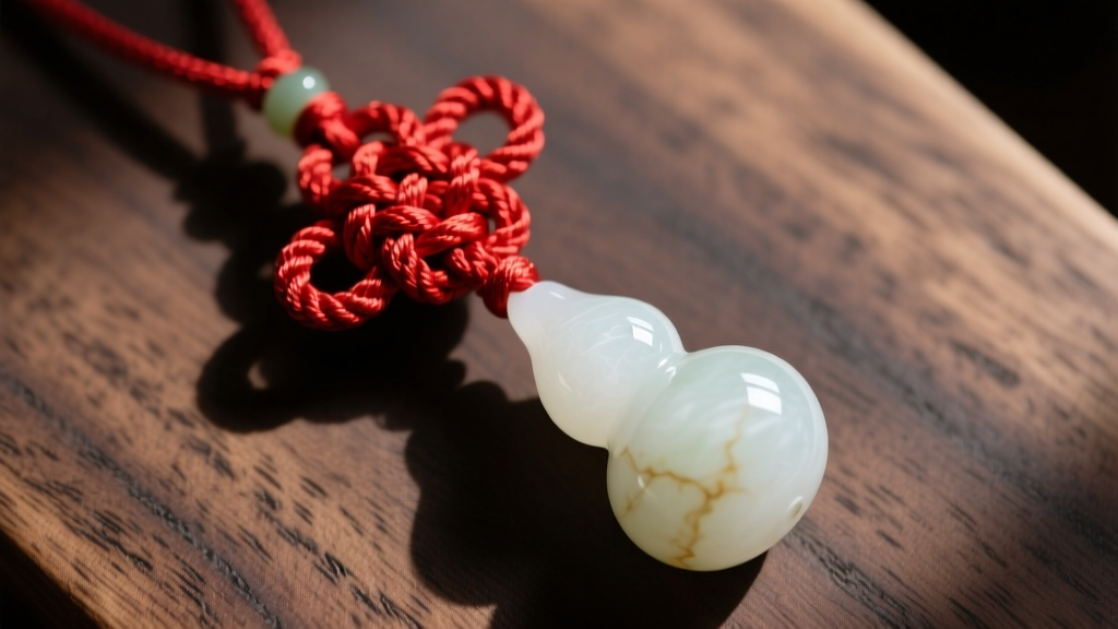 Overhead shot of an intricate red Chinese macrame end-knot securing a mutton-fat white nephrite gourd pendant on dark wood.