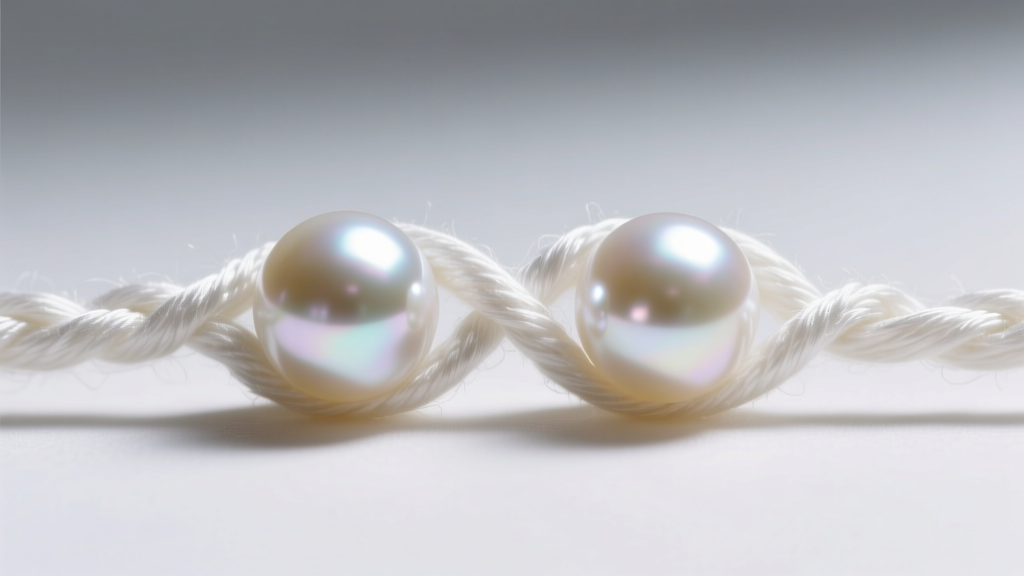 Macro shot of hand-knotted white silk thread between two 7mm Akoya pearls, showing tight knots and bright mirror-like luster.
