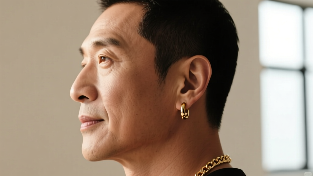 Side profile of a man with a square jawline wearing a curved 16-gauge gold chain earring, softening his angular facial features