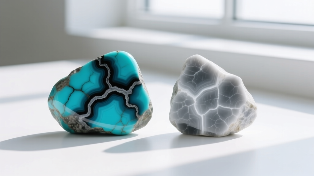 Macro shot of natural turquoise with dark matrix beside dyed howlite showing unnatural gray veining on a clean white surface.