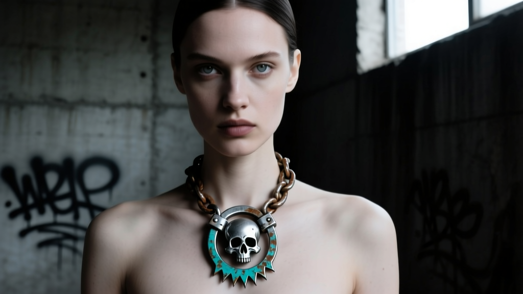 Moody portrait of a model wearing an oxidized silver death row shackle pendant on a thick rope chain with a dark grunge aesthetic