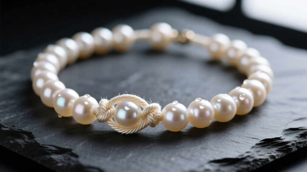 Macro shot of a cream freshwater pearl knotted beaded necklace on dark slate, highlighting tight silk knots between each gem.